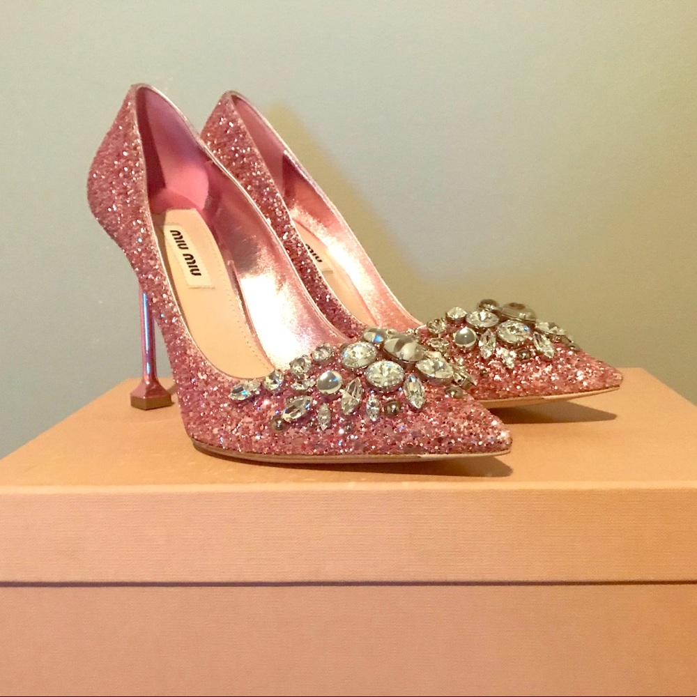 Brand New Miu Miu Pink Glitter Swarovski 105 Pump